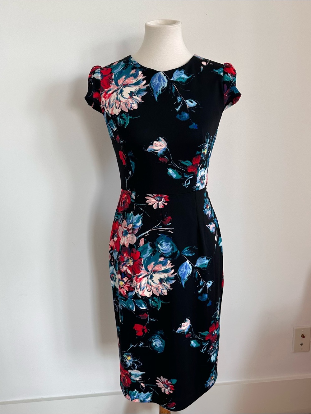 Betsey Johnson Black Floral Midi Dress Red and Blue Blooms Fitted Silhouette
